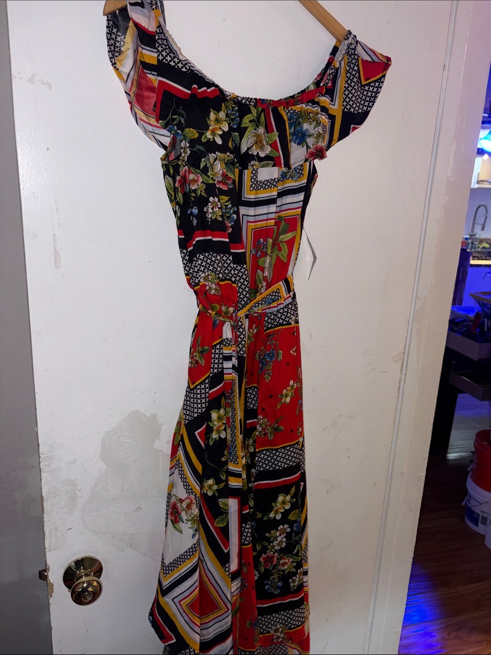 New York & Company Red, Black, White & Yellow Printed Maxi Dress Size Medium NEW